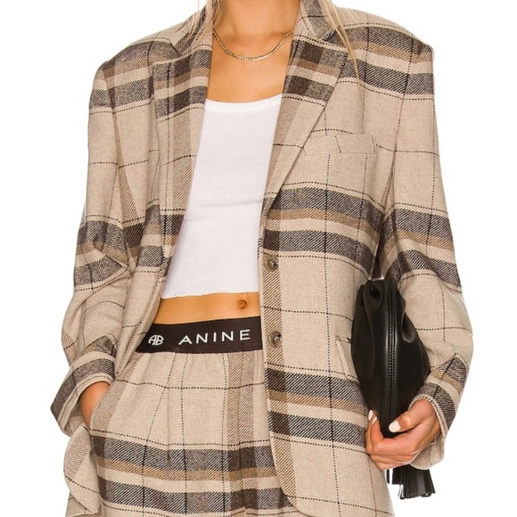 Anine Bing Quinn Wool Oversized Blazer Jacket in Khaki Plaid Size Small - Picture 3 of 6